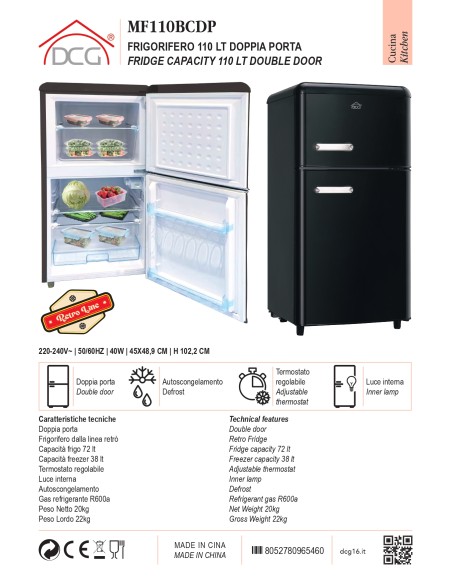 ARMADI FRIGO ACCIAIO: vendita online FRIGORIFERO CON CONGELATORE RETRO' DCG NERO 100 LITRI in offerta